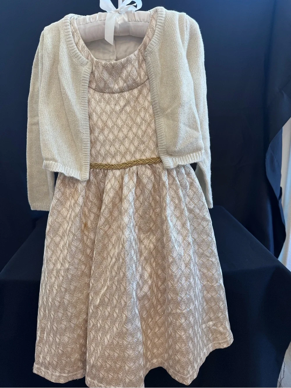 Tahari Cream and Gold Textured Fit-and-Flare Dress with Bolero